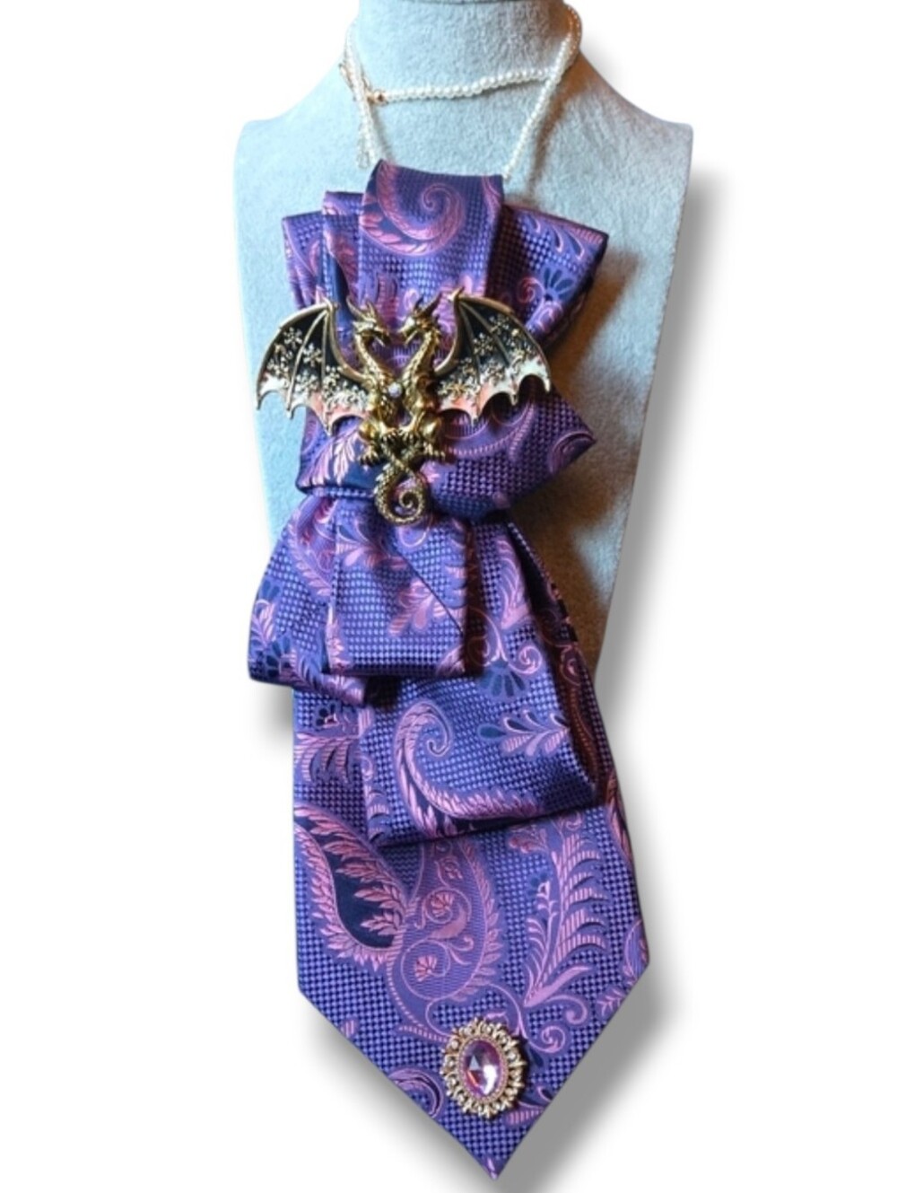 3/$60 Purple Paisley Ascot with Gold Dragon Pin